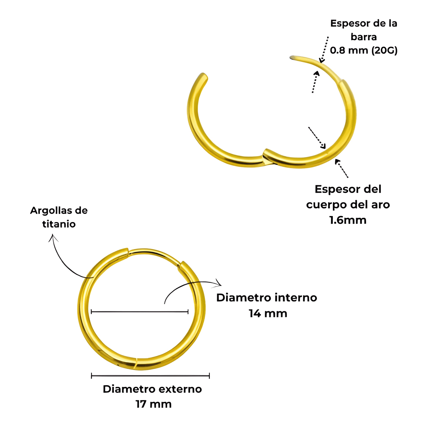 Aros Lisos Argollas 14mm Titanio Astm F136 Chapadas Dorado-3