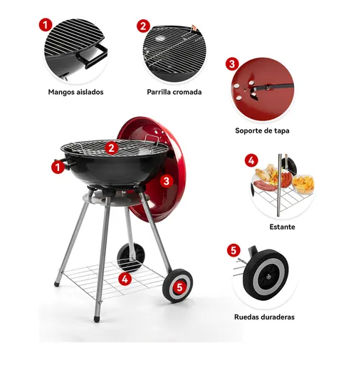 Parrillas A Carbon 85cm Alto Parrilla Redonda Móvil Asados Color Negro y Rojo-2
