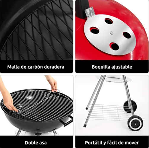 Parrillas A Carbon 85cm Alto Parrilla Redonda Móvil Asados Color Negro y Rojo-5