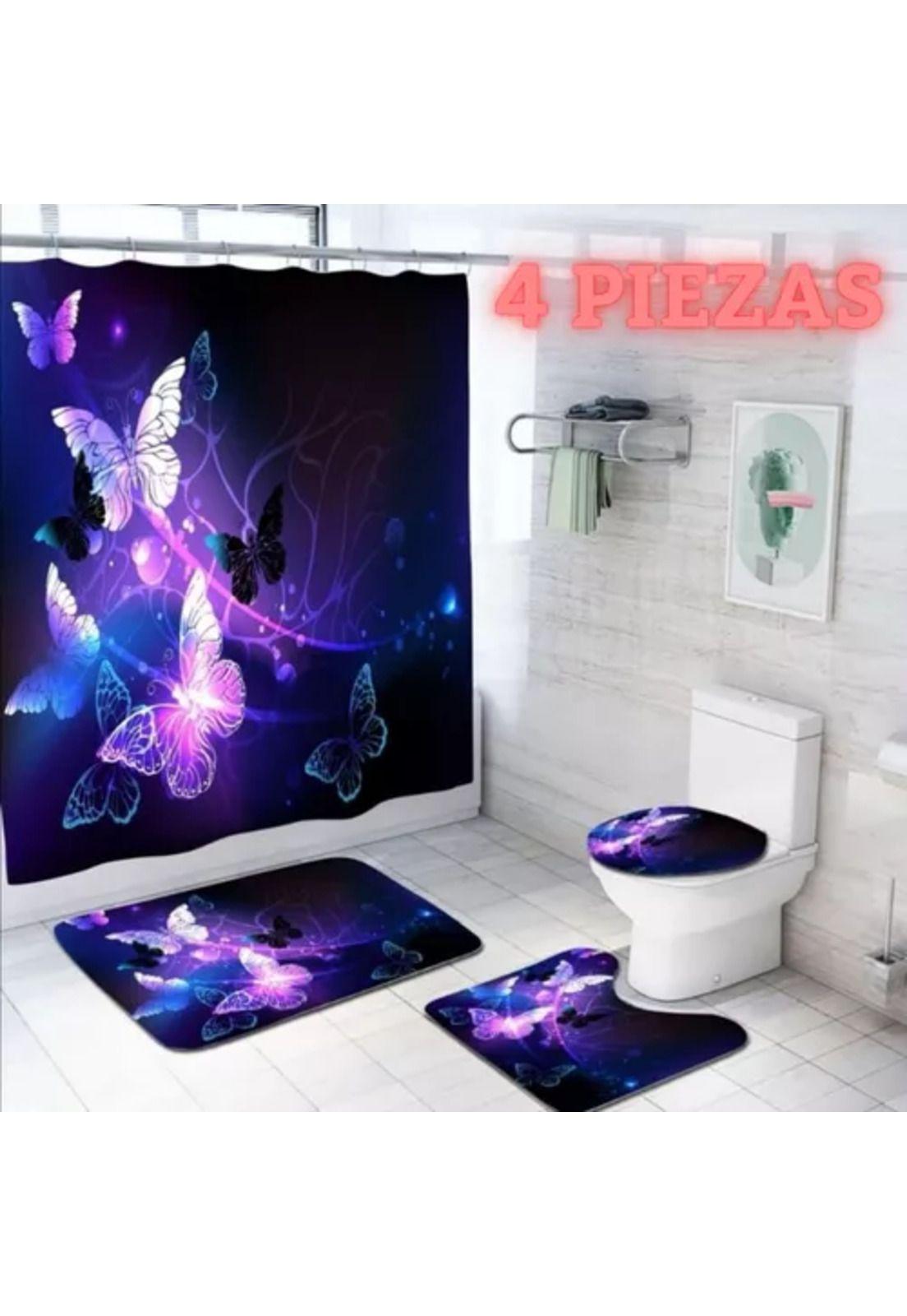 Juego de 4 alfombrillas y cortina de baño, mariposa morada-2