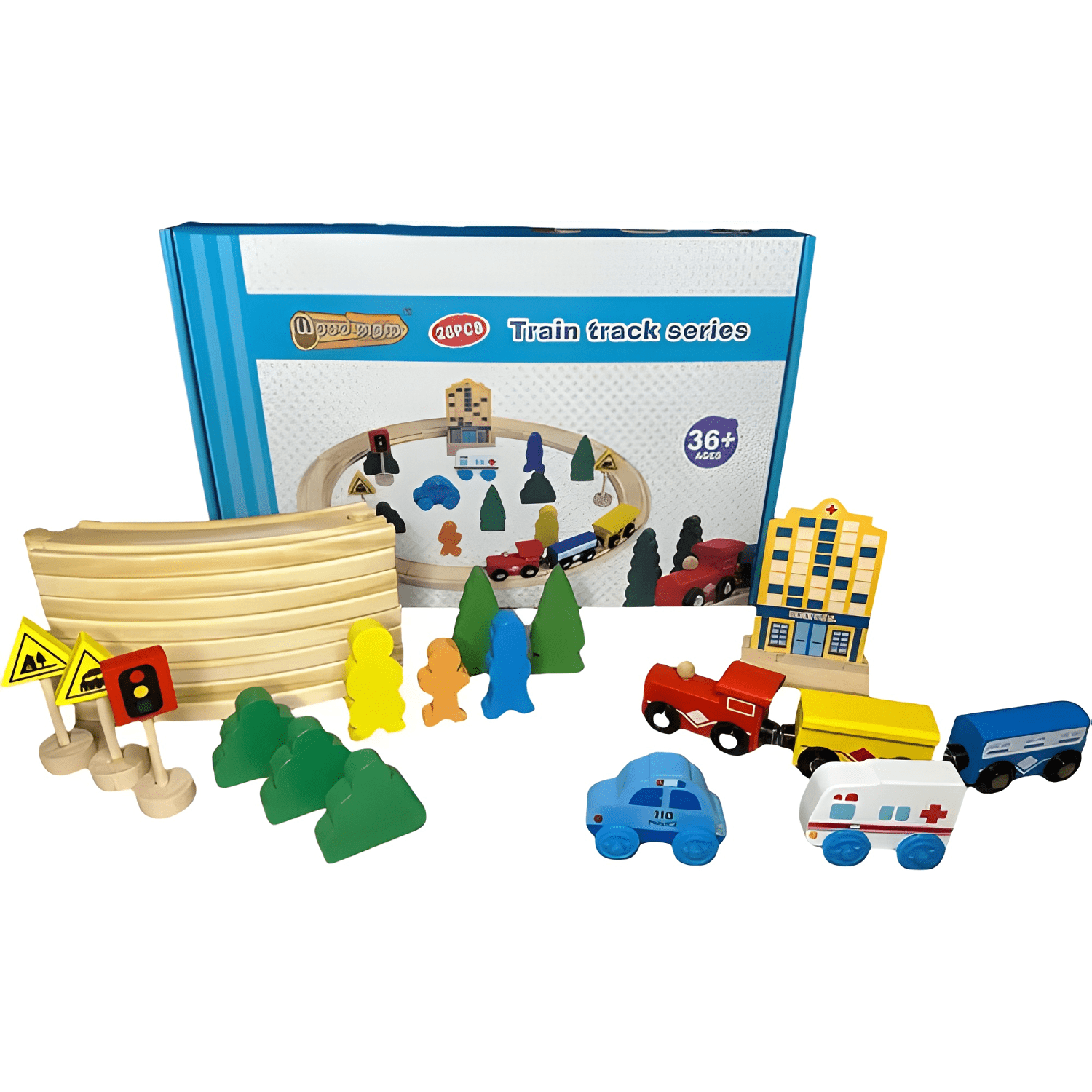 Pista de autos y tren de madera juego didáctico para niños-3