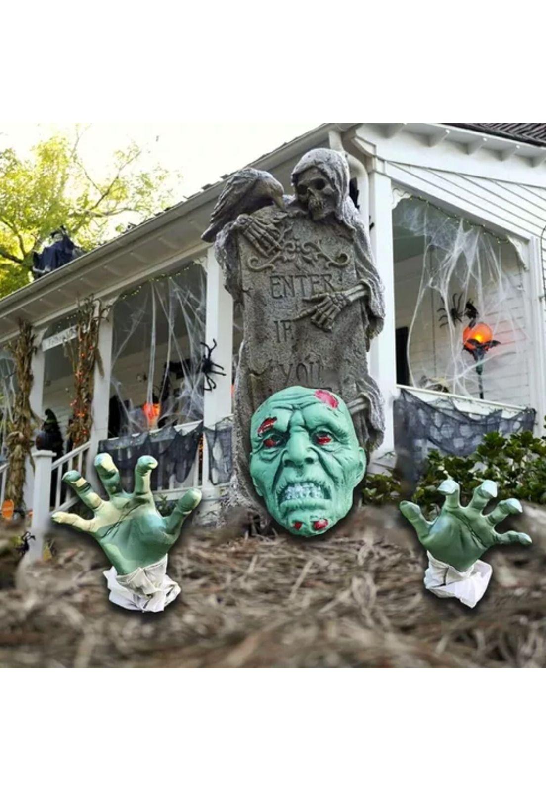 Máscaras de terror para disfraz de Halloween, calavera con manos verdes-3