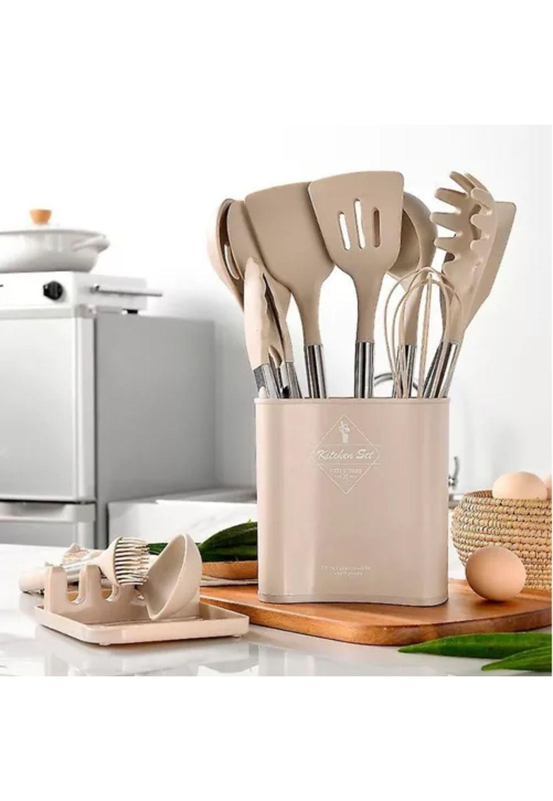Set de 13 utensilios de cocina de acero inoxidable y silicona-4