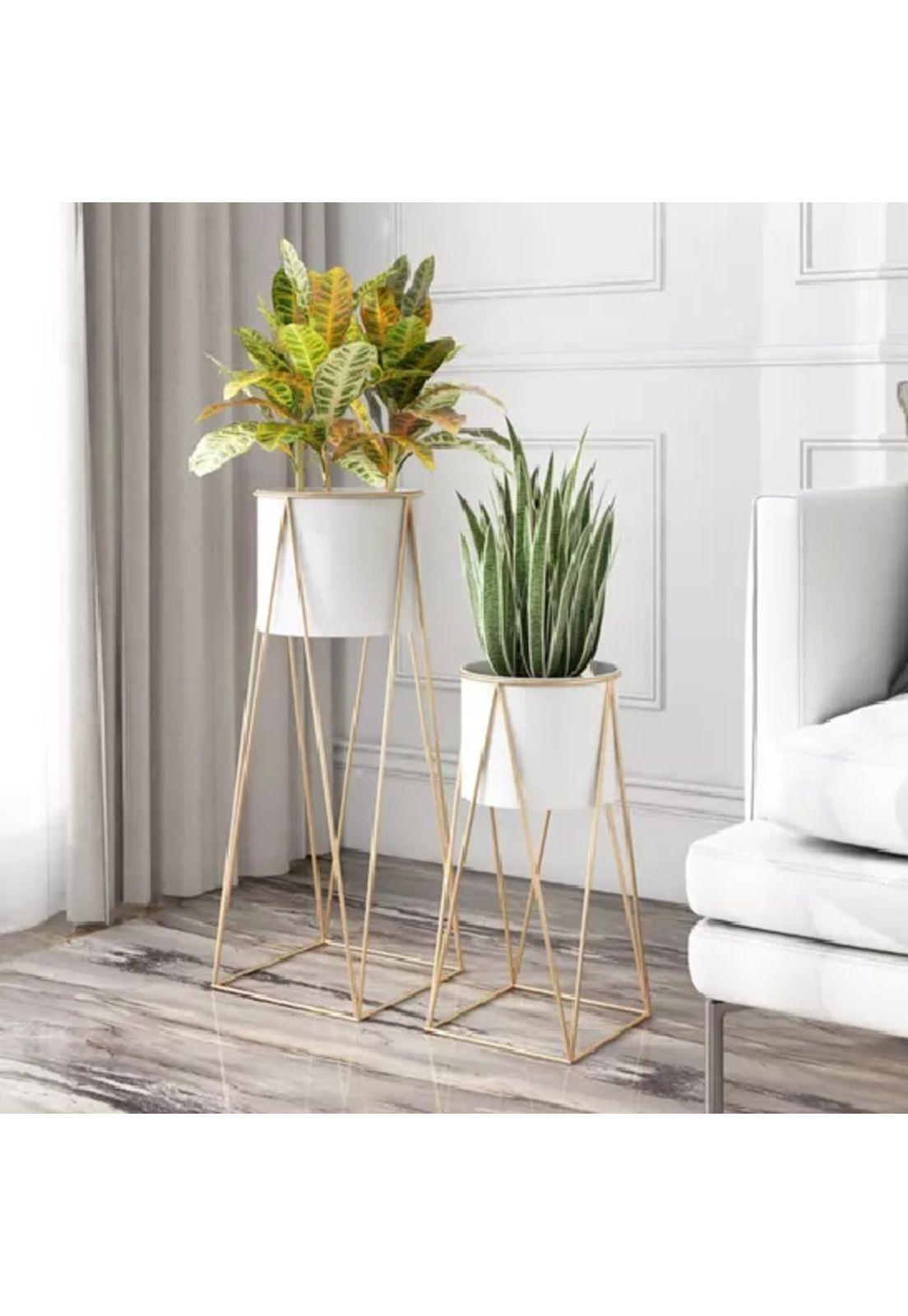 Porta Macetero Pedestal Blanco y Dorado para Plantas-5