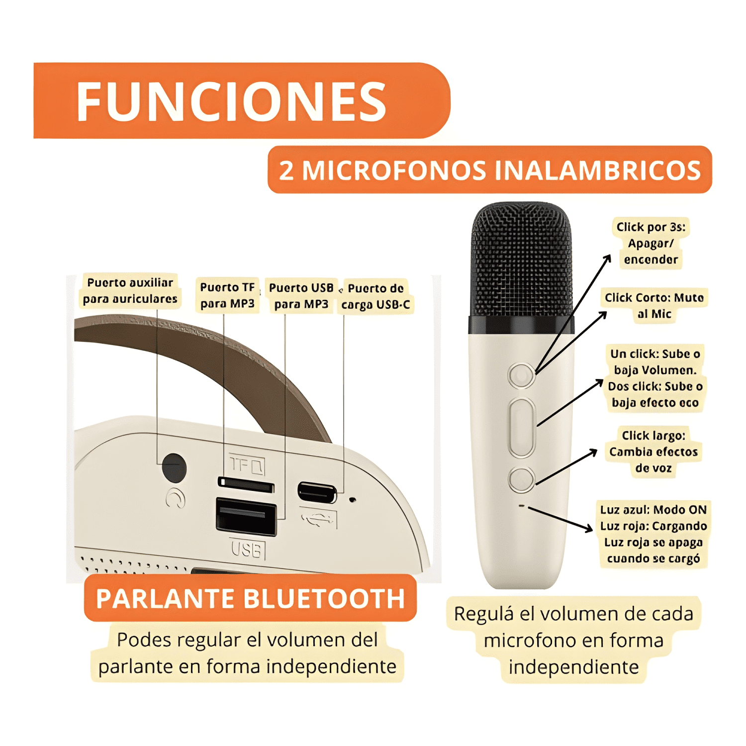 2 Microfonos inalambricos karaoke efectos voz + Beige #2-2