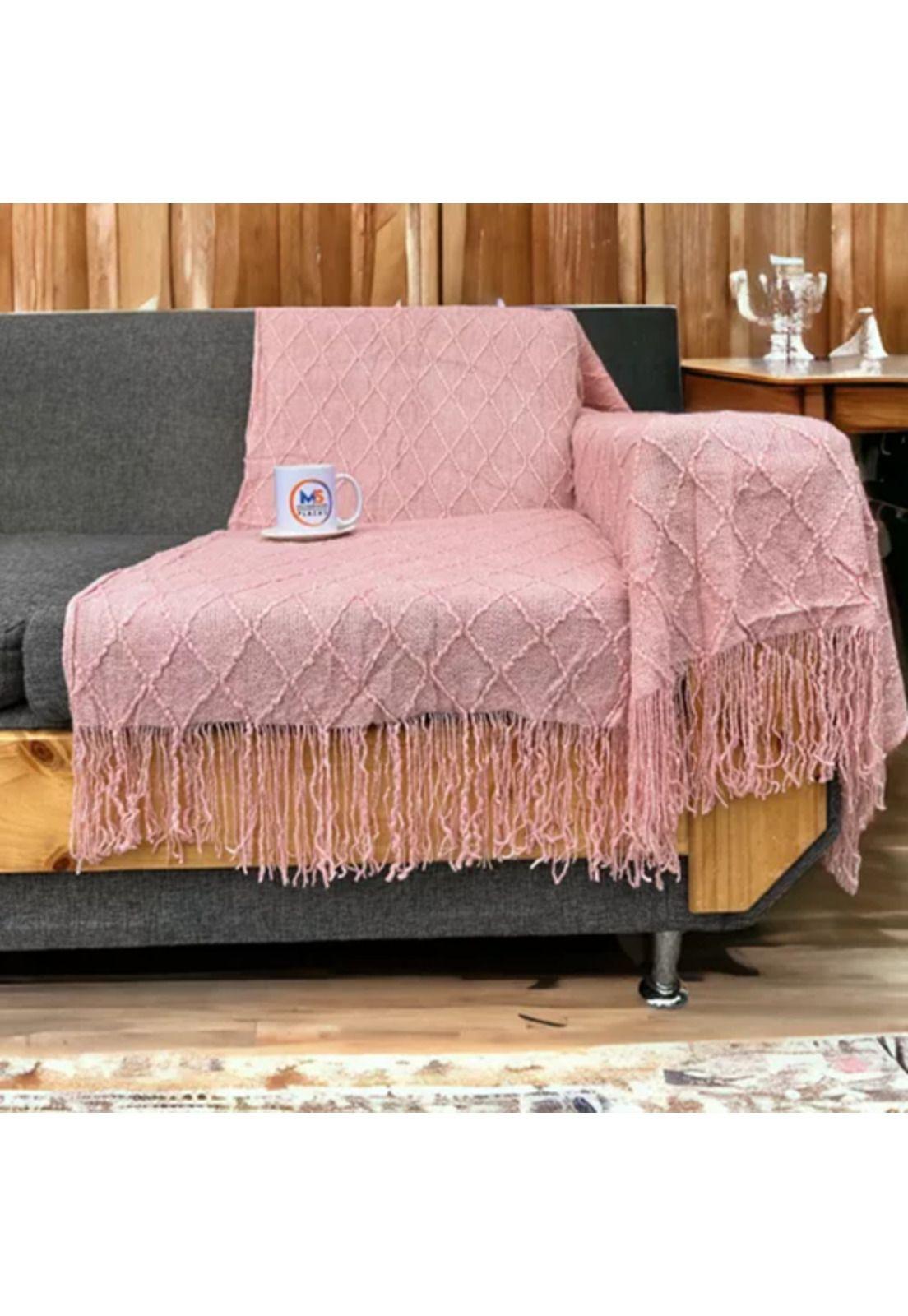 Manta decorativa tejida para sillón, piecera o cama color rosa-3