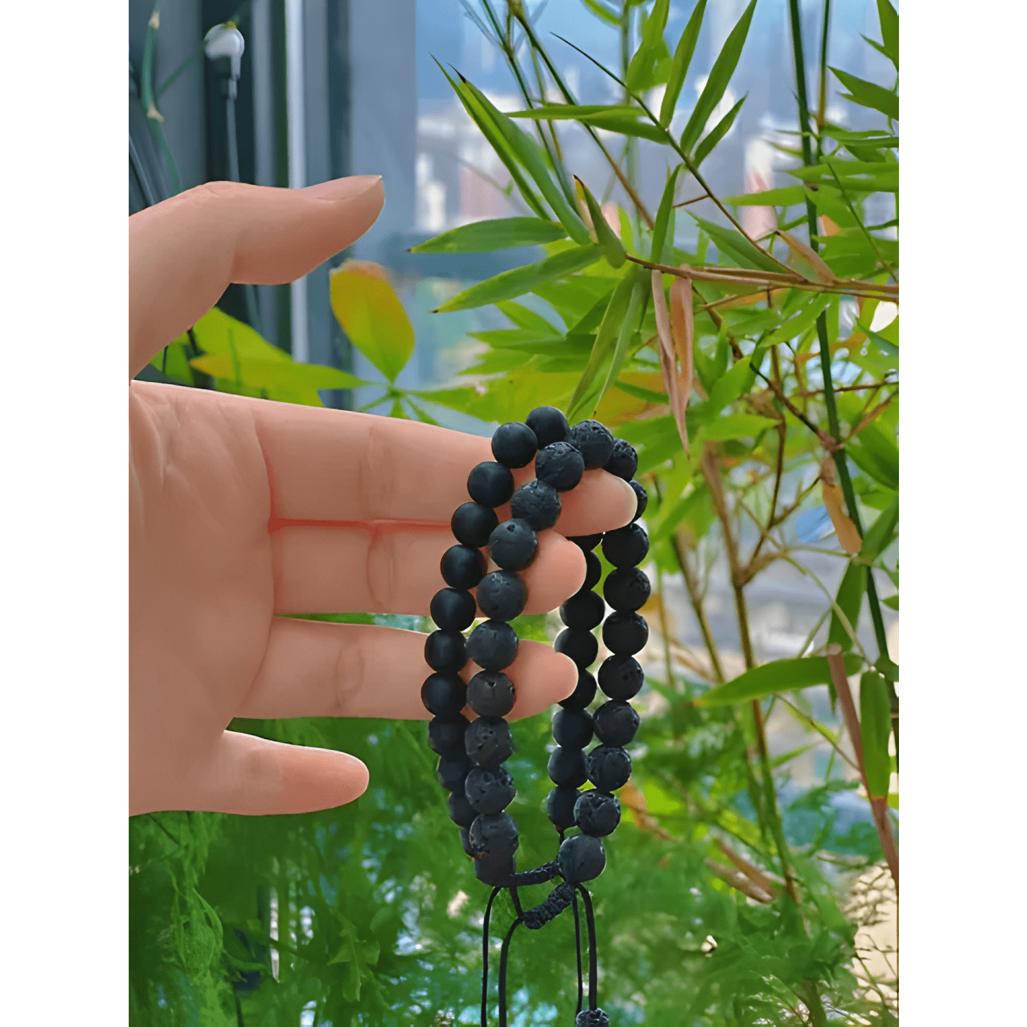 Pulsera de ágata pulsera de piedra de lava, 2 piezas Negra-3
