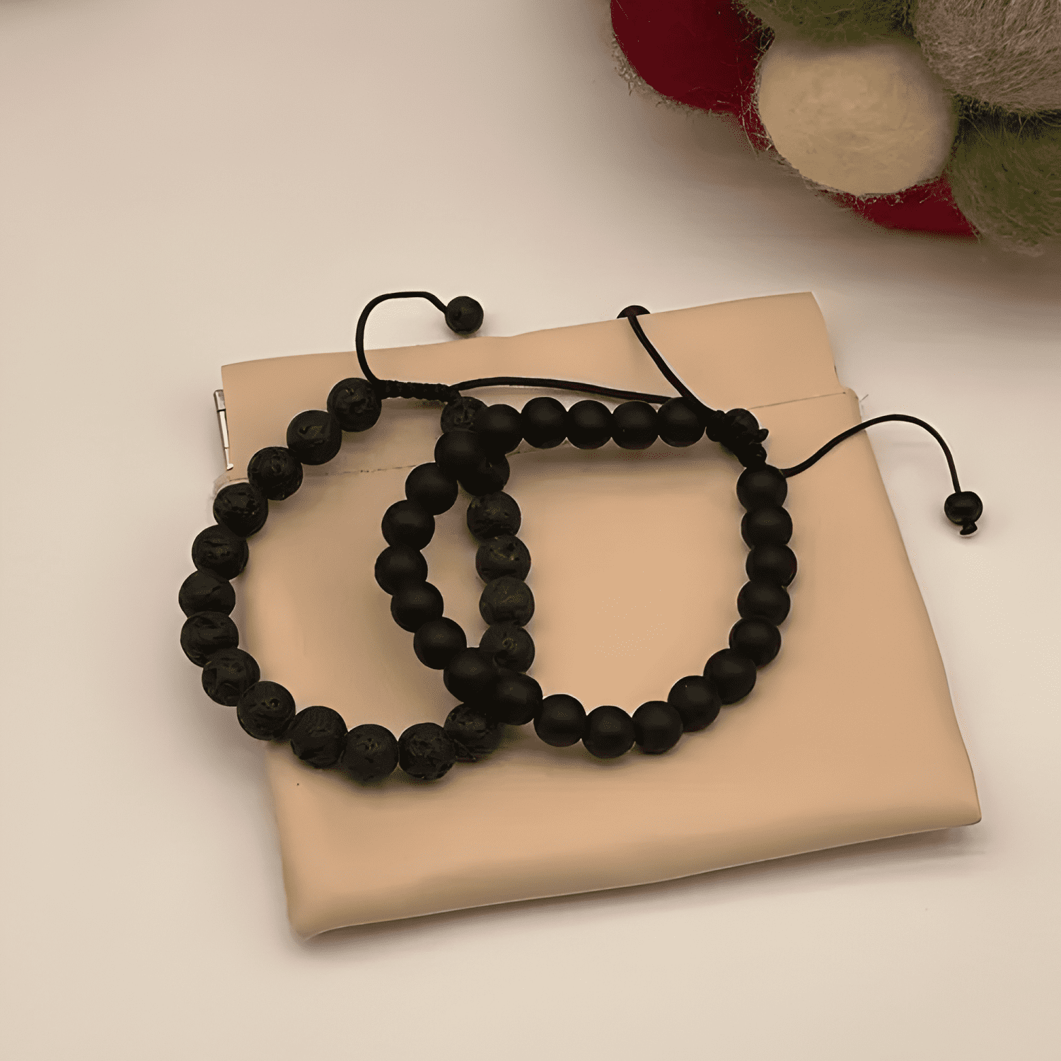 Pulsera de ágata pulsera de piedra de lava, 2 piezas Negra-4