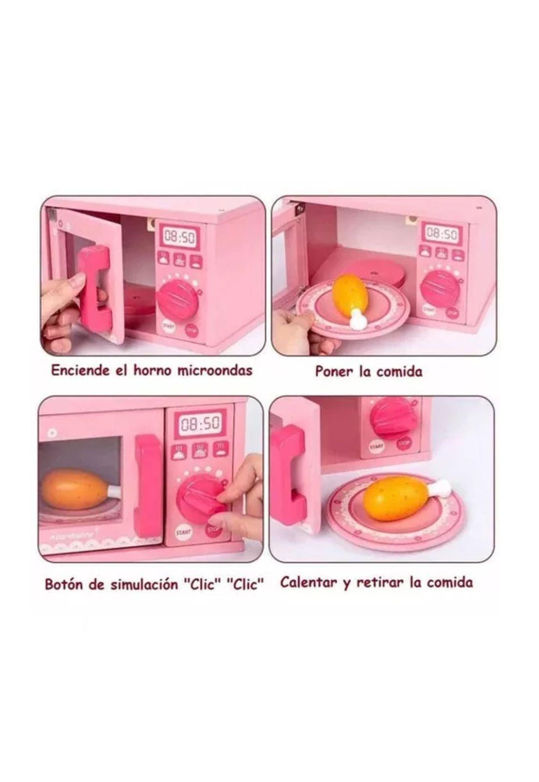 Juguete didáctico horno microondas de madera rosado-5