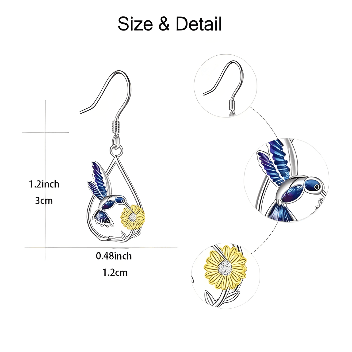 Aros De Girasol Colibrí Plata 925 Mujer San Valentín-3