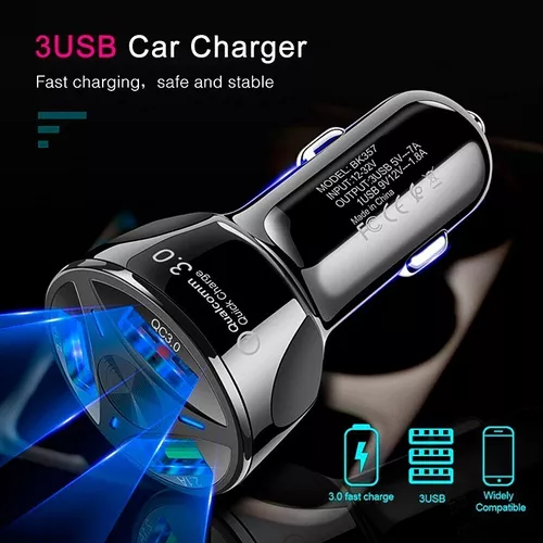 Cargador auto 3 puertos USB 7A  12V QC 30 carga rápida negro-3