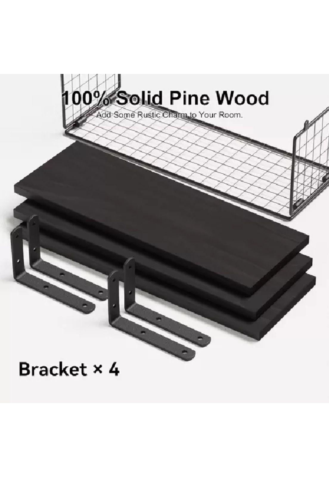 Repisas Flotantes de Madera Modernas X3 con Reja 100% Pino Negro-2