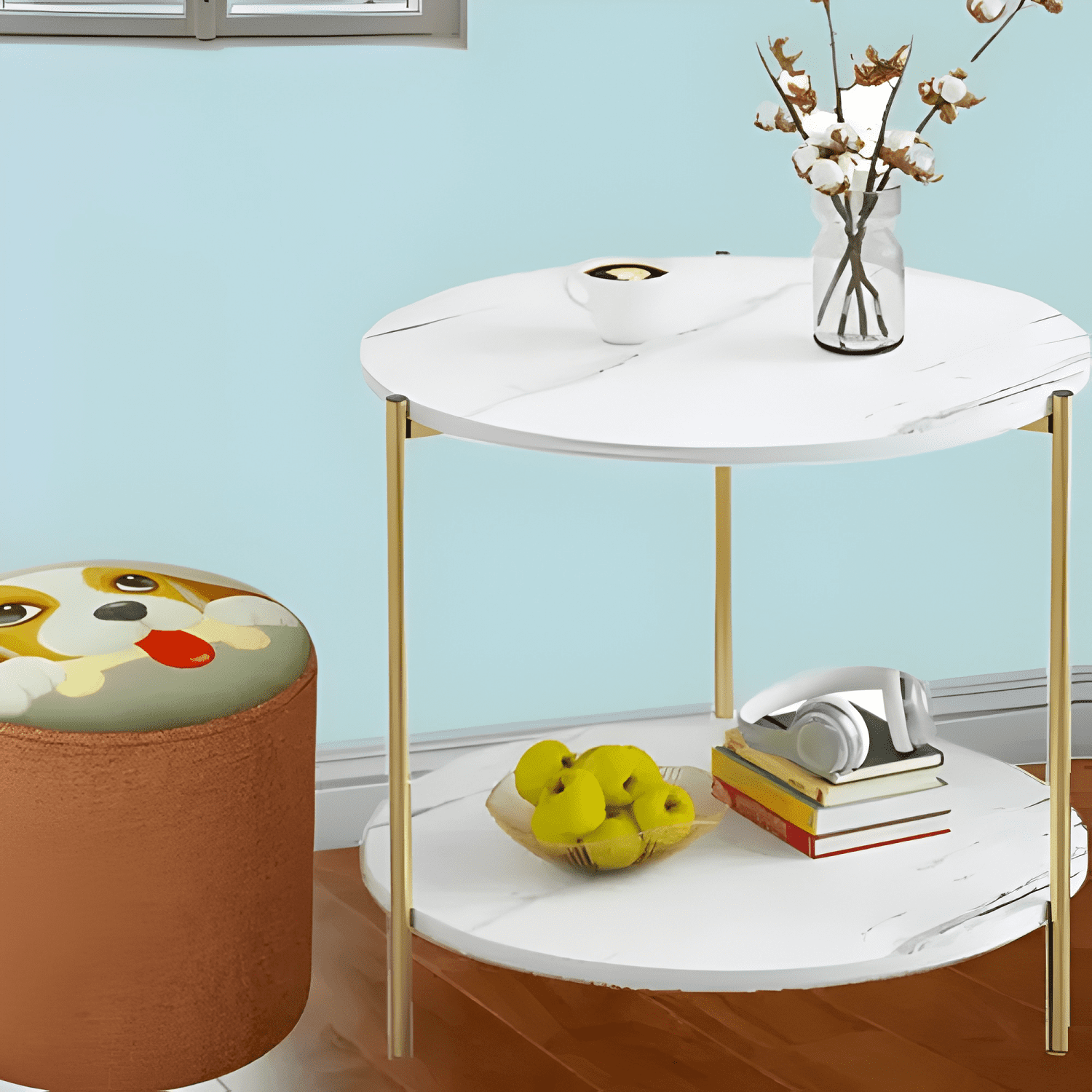 Ivinta Eleva Tu Sala De Estar Moderna Mesa Auxiliar Redonda De 2 Niveles, Mesa Decorativa De Marmol Sintetico Con Estante De Almacenamiento Y Marco