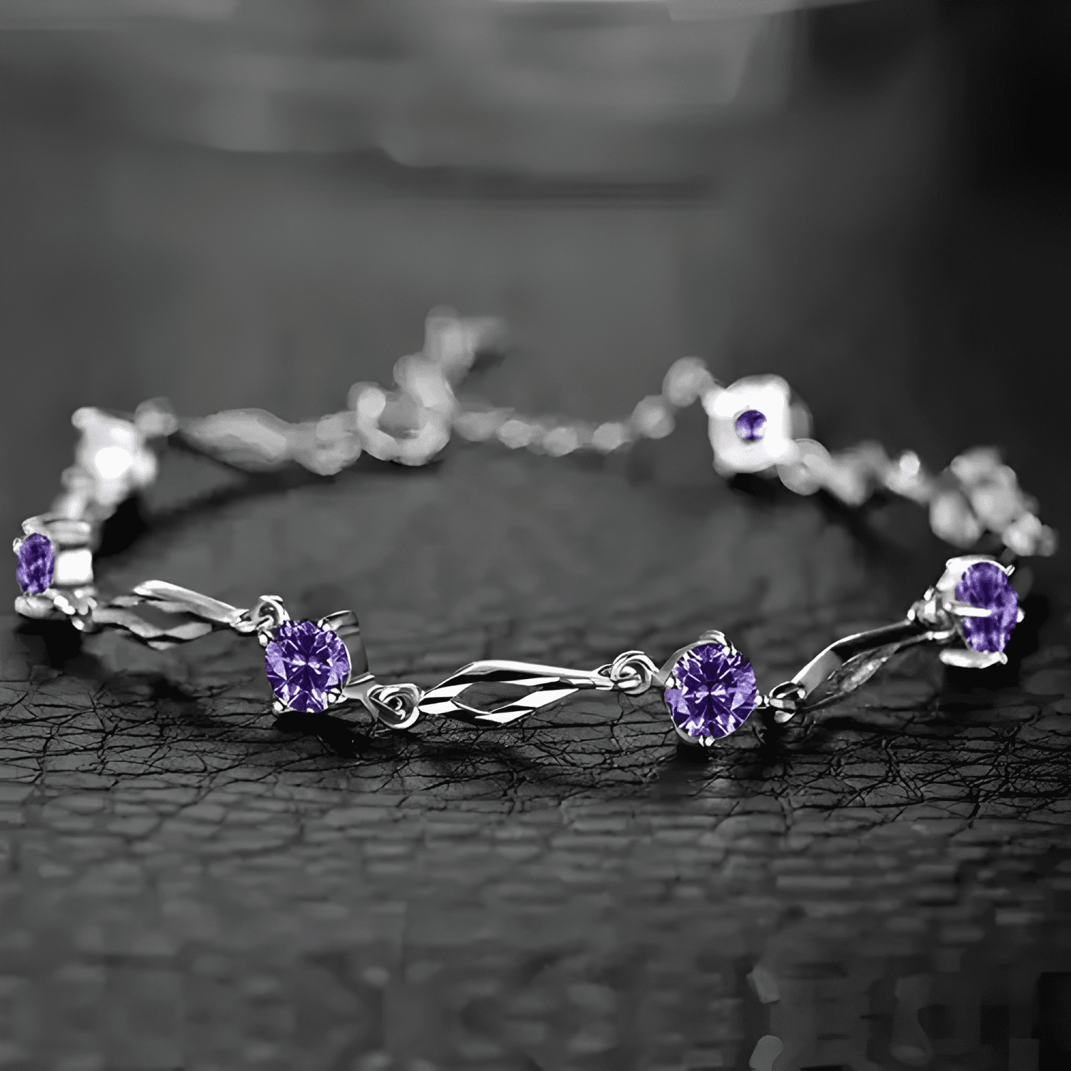 Pulsera de plata fina 925 amatista +caja redonda Lila #8-4