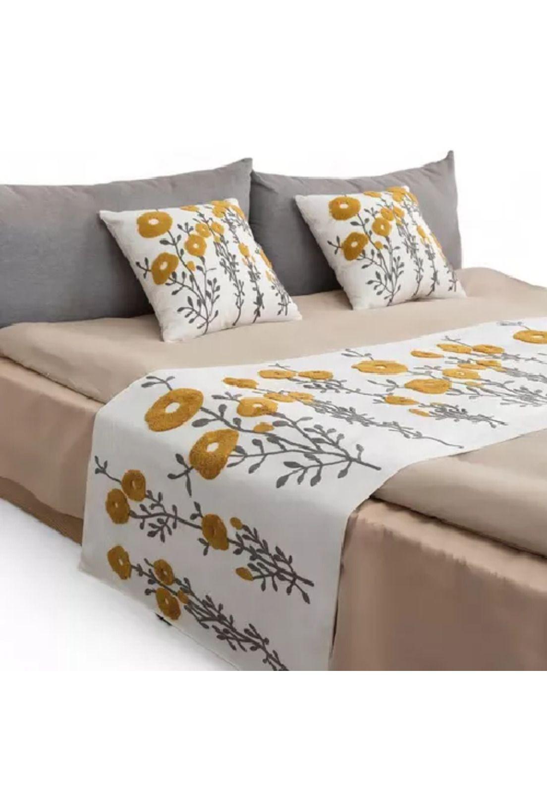 Piecera bordada + 2 fundas de cojín diseño floral 4 color blanco-1