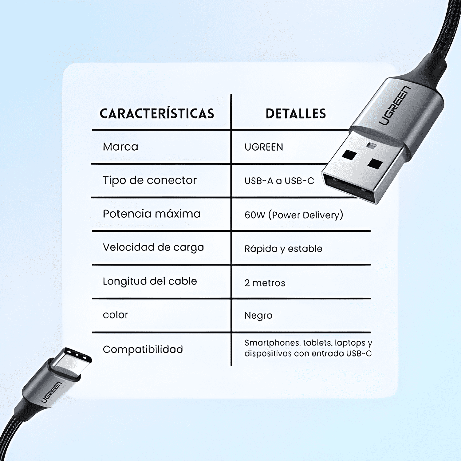Cable USB 2.0 2m 60128 con entrada USB a salida USB c Negro-2