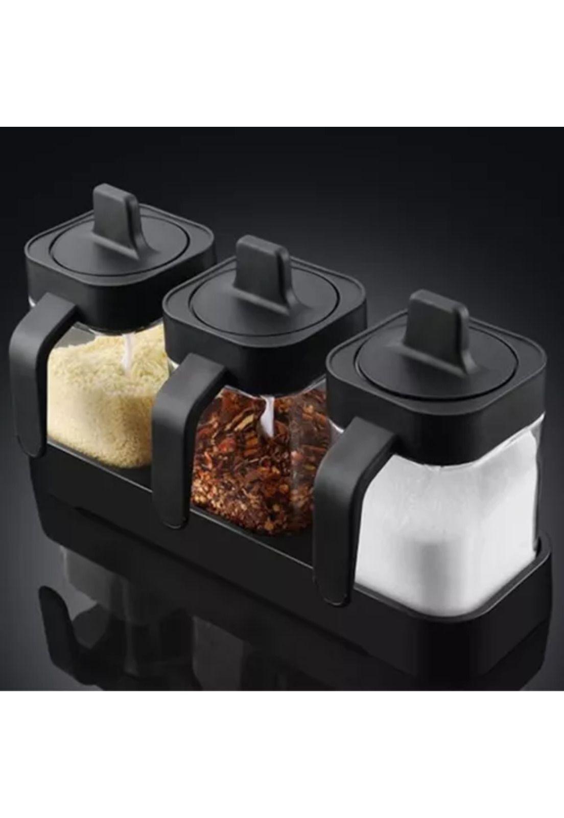Set de especieros herméticos de 3 piezas con cuchara negro-2