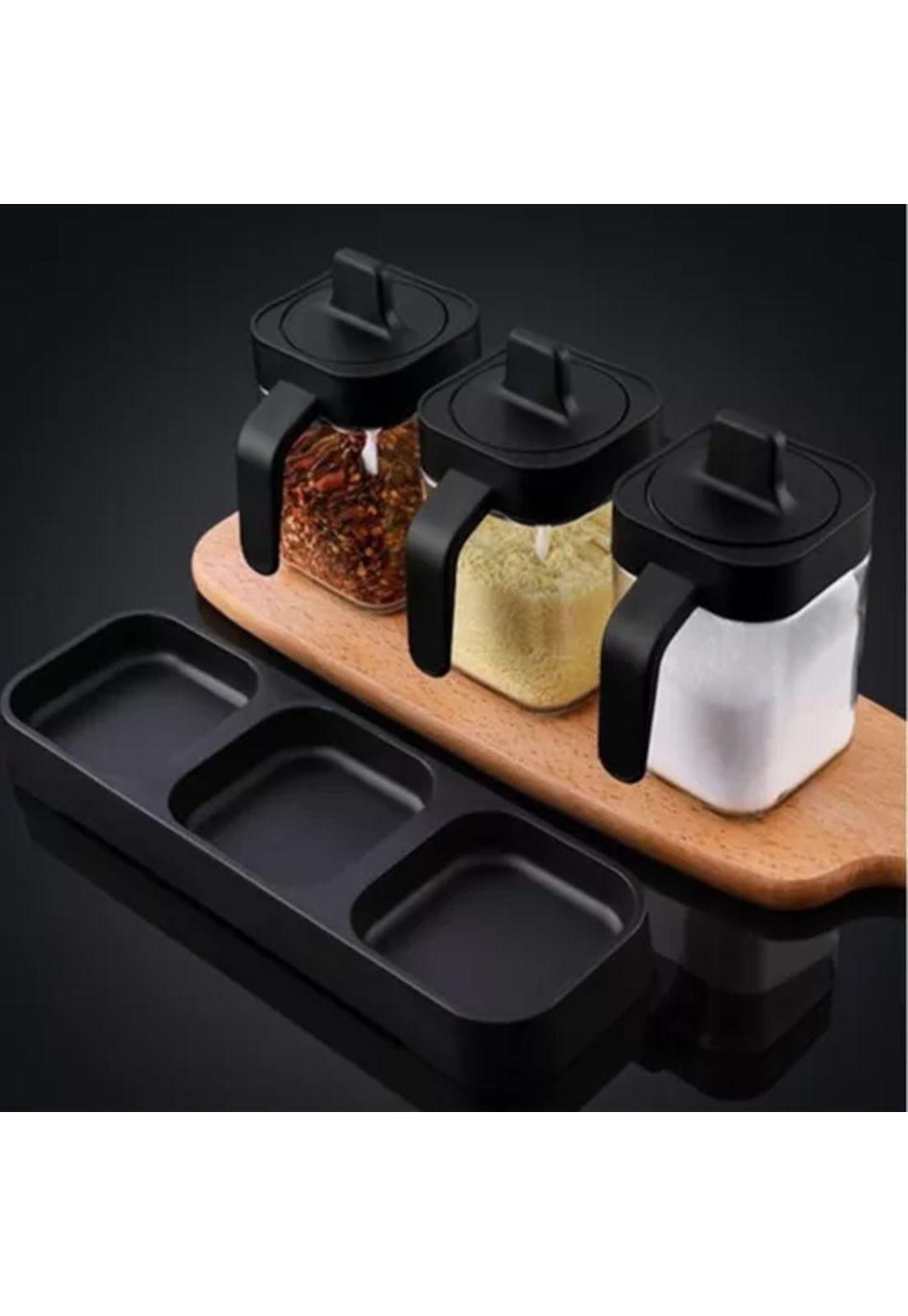 Set de especieros herméticos de 3 piezas con cuchara negro-3