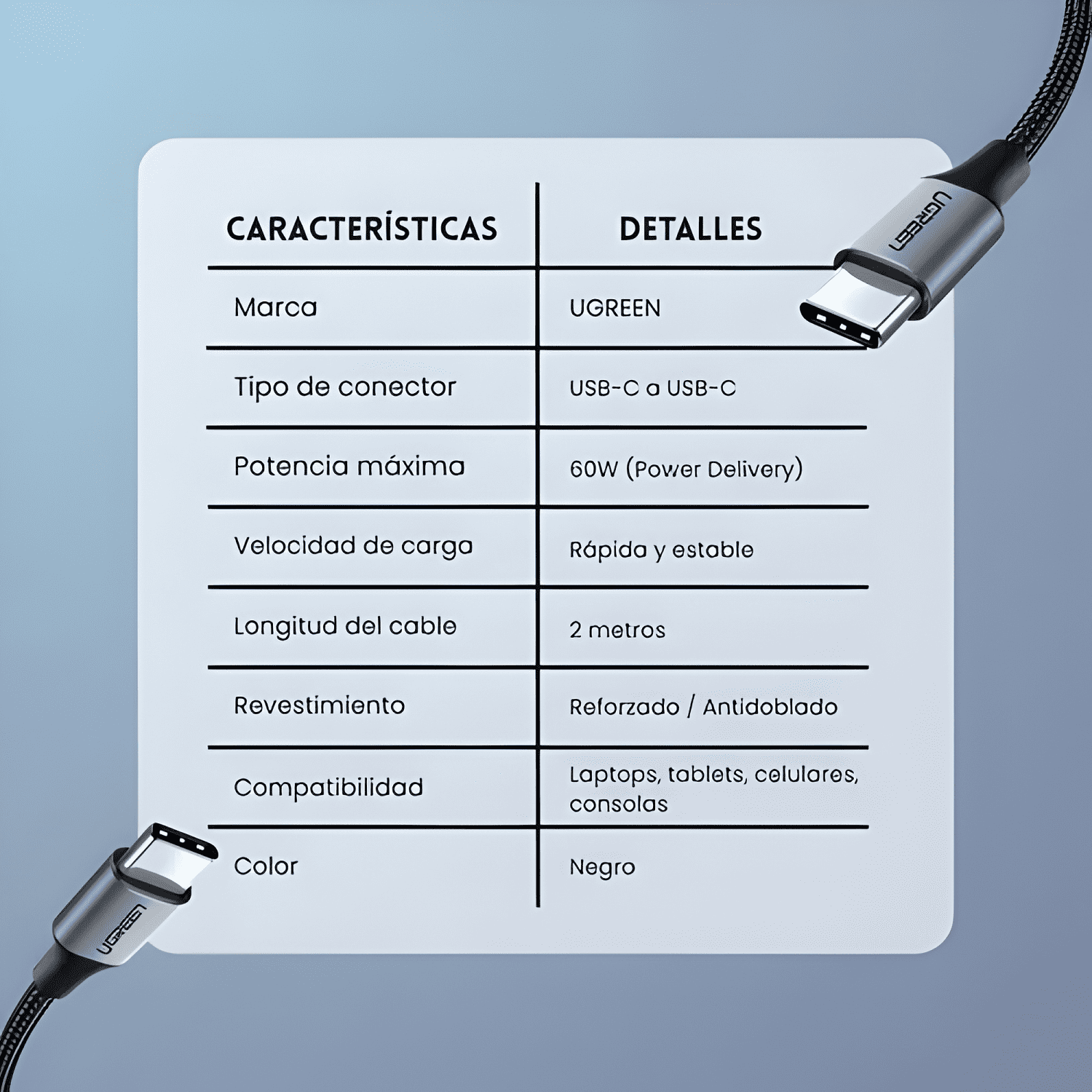 Cable carga rápida us261 USB tipo c USB c 2 metros-2