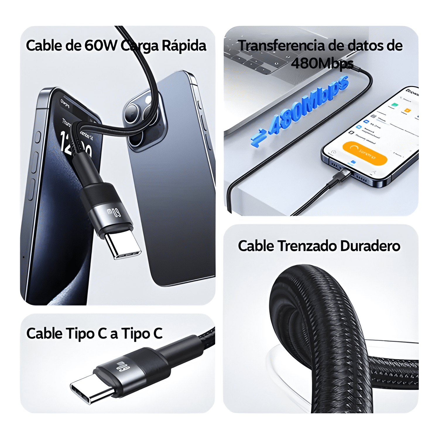 Cable USB tipo c a USB c 60w para iphone 15 16 17 Negro-2
