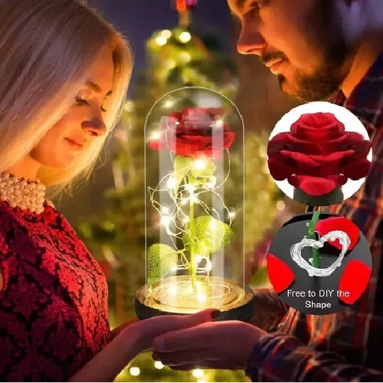 Rosa Eterna Artificial Encapsulada Luz LED San Valentín Base-3