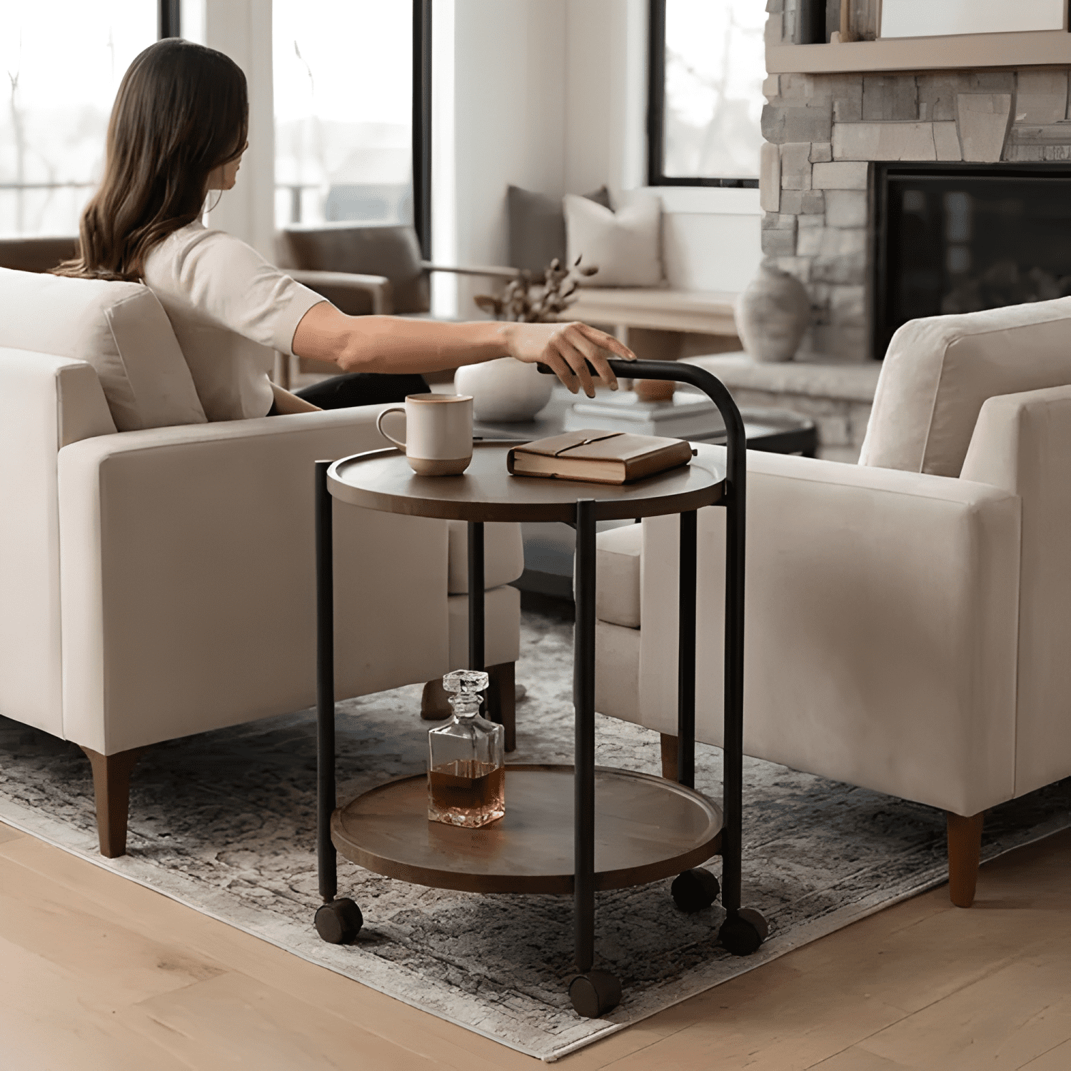 Mesa Auxiliar Con Ruedas 2 Niveles Madera Oscura 40x65cm-3