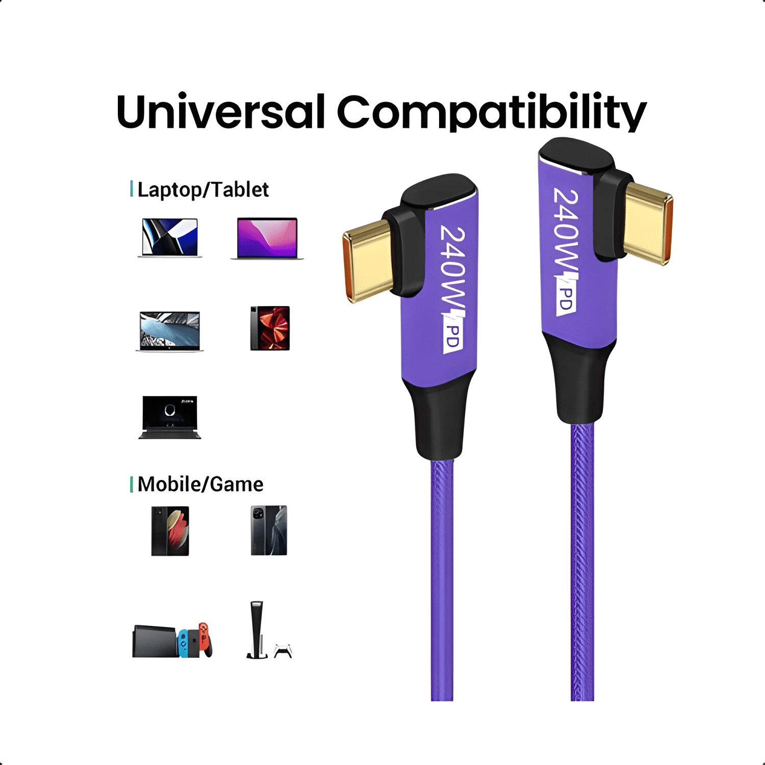 Cable carga ultra rápida reforzado USB c - c 240w Morado-2
