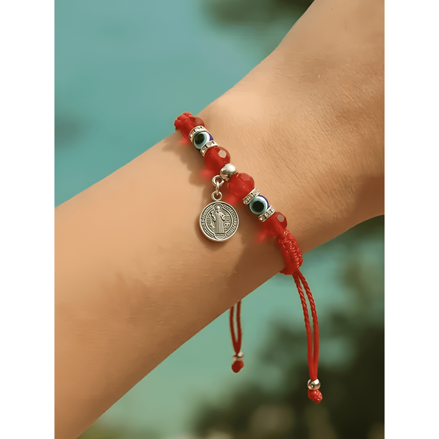 Pulsera hilo san benito ojo turco cristales rojos Rojo-3