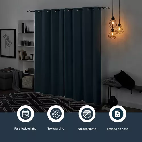 Cortina Blackout 100% 2 Paños 138x226 cm Textura Lino Azul Oscuro-2