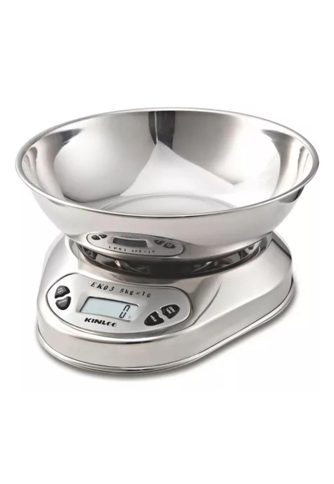 Pesa de cocina full de acero inoxidable, 5 kg, 1 gr con bowl, color gris-1