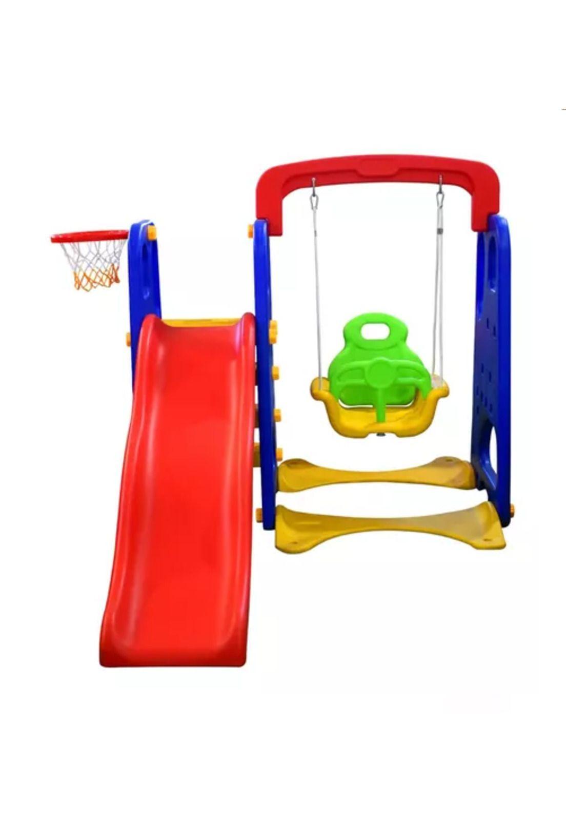 Centro de juegos 3 en 1: resbalín, columpio y aro multicolor-2