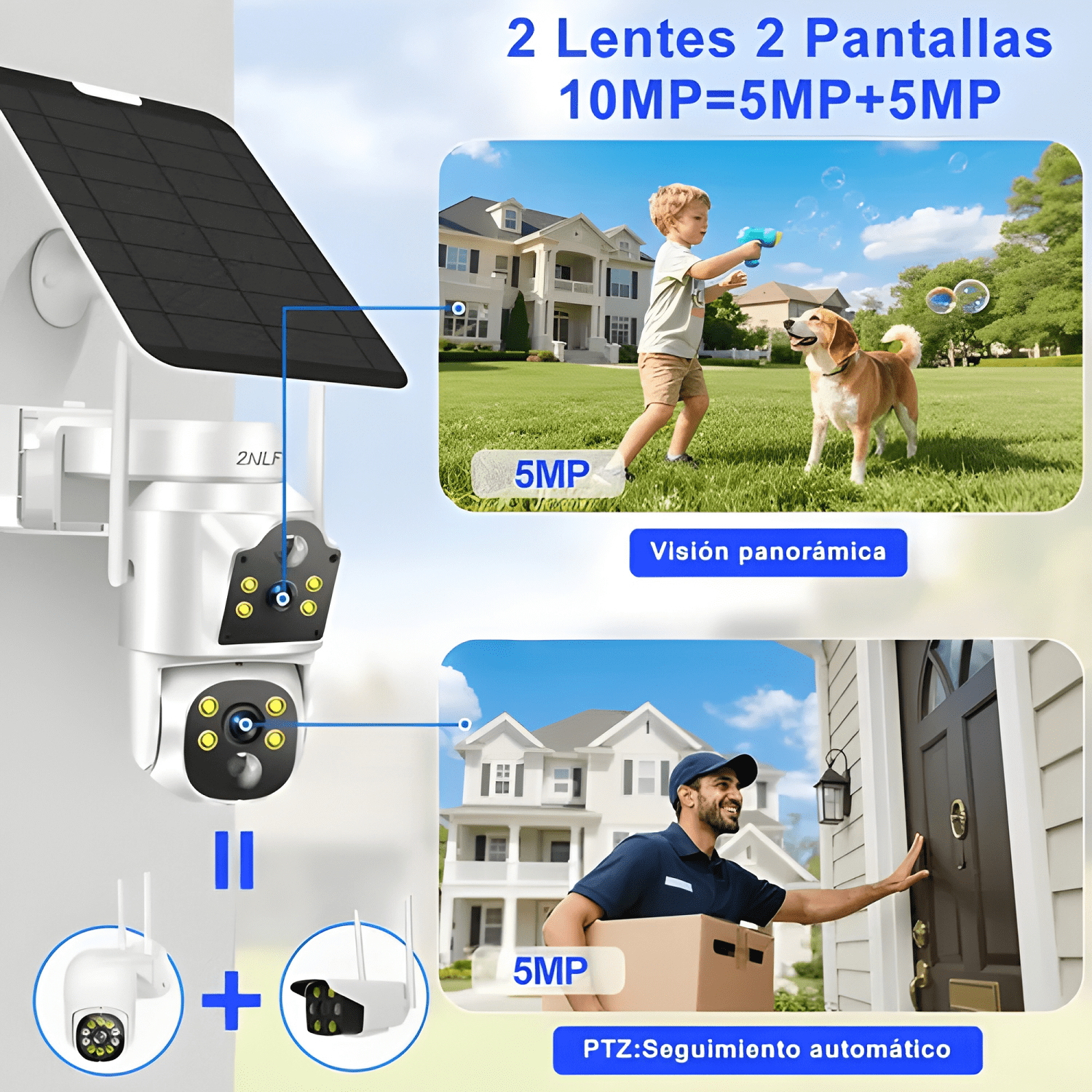 2nlf 10MP Solar Cámara de Seguridad Wifi Exterior Doble 360-3