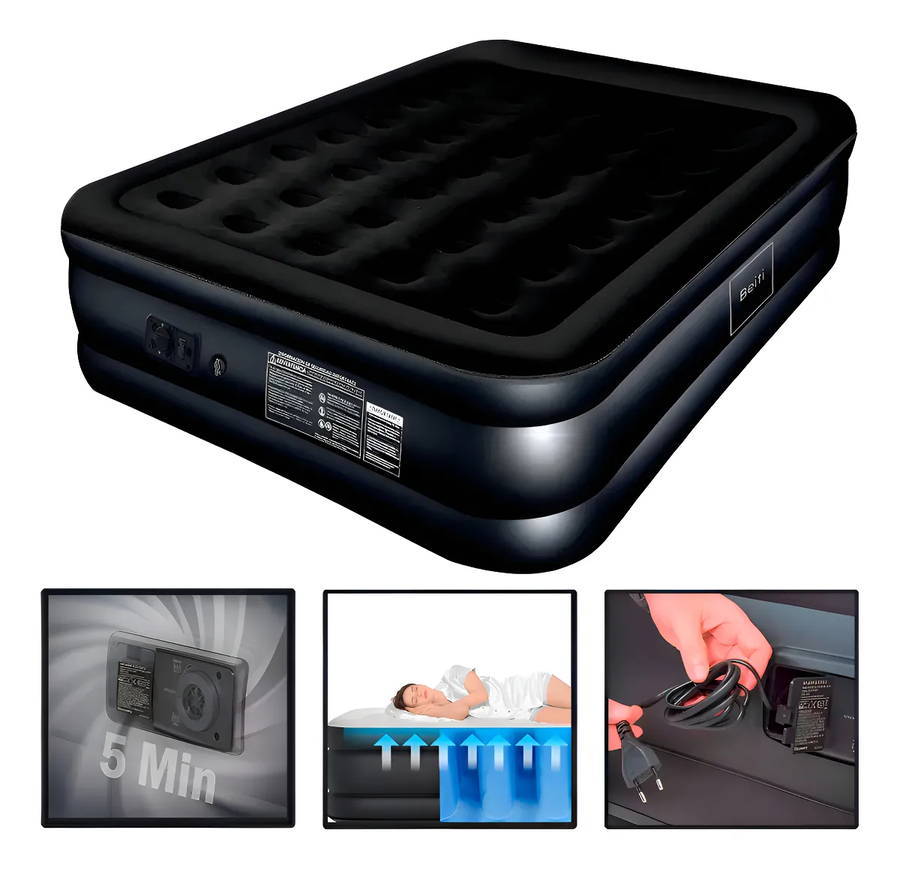 Colchón Inflable Eléctrico Cama 2 Plazas 203x152x45 Cm Marca Beiti Modelo 203n Color Negro De Alta Calidad Soporta 200kg De Peso Incluye Bomba De Aire Parche Reparador Y Bolsa transportadora-0