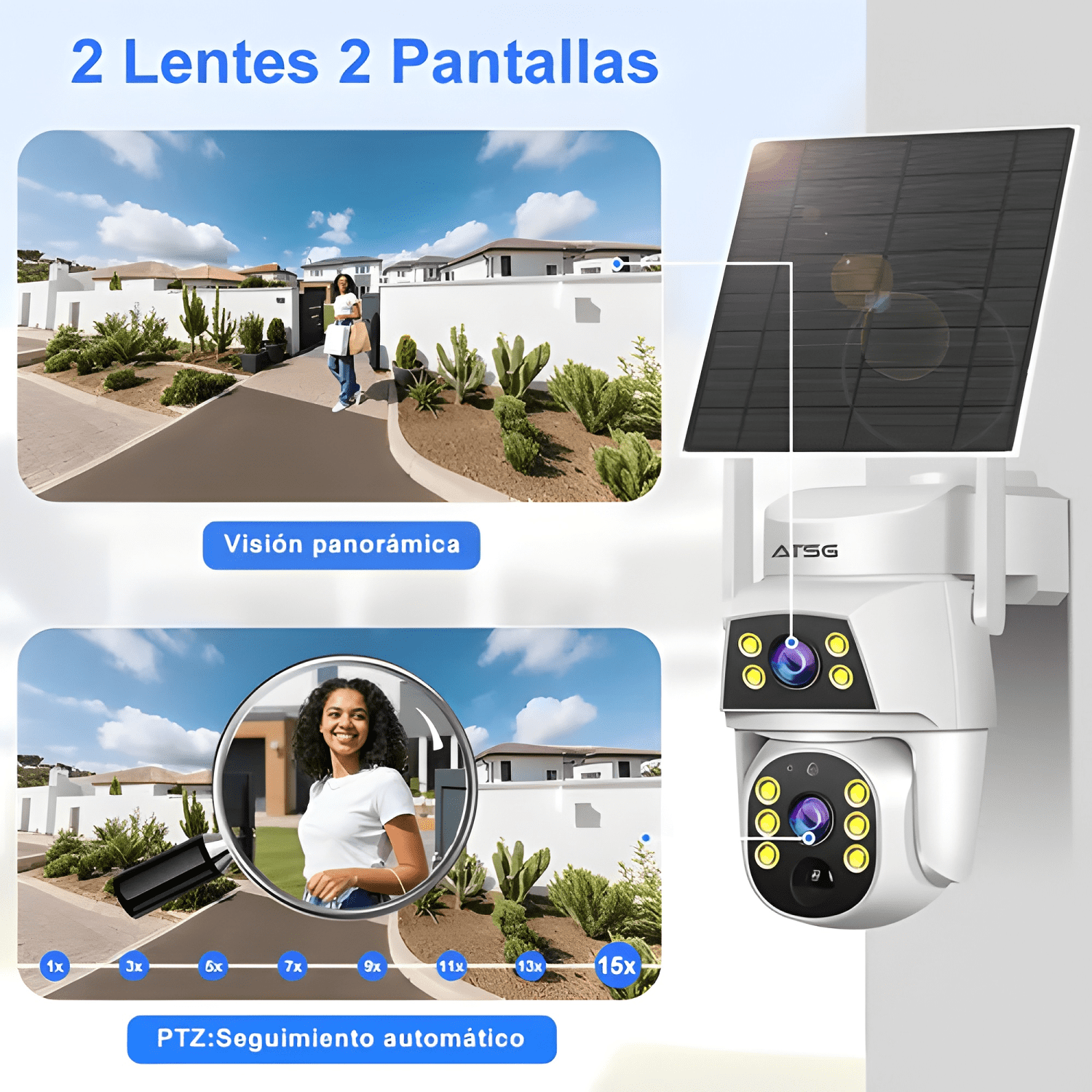 ATSG Cámara Solar Externa 2K Doble Lente 360° IP66 Pro-2