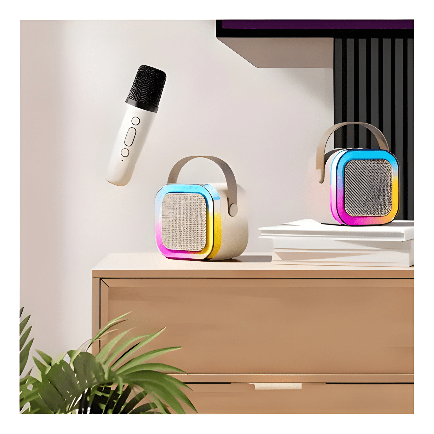Parlante karaoke portátil mini micrófono inalámbrico Beige-2