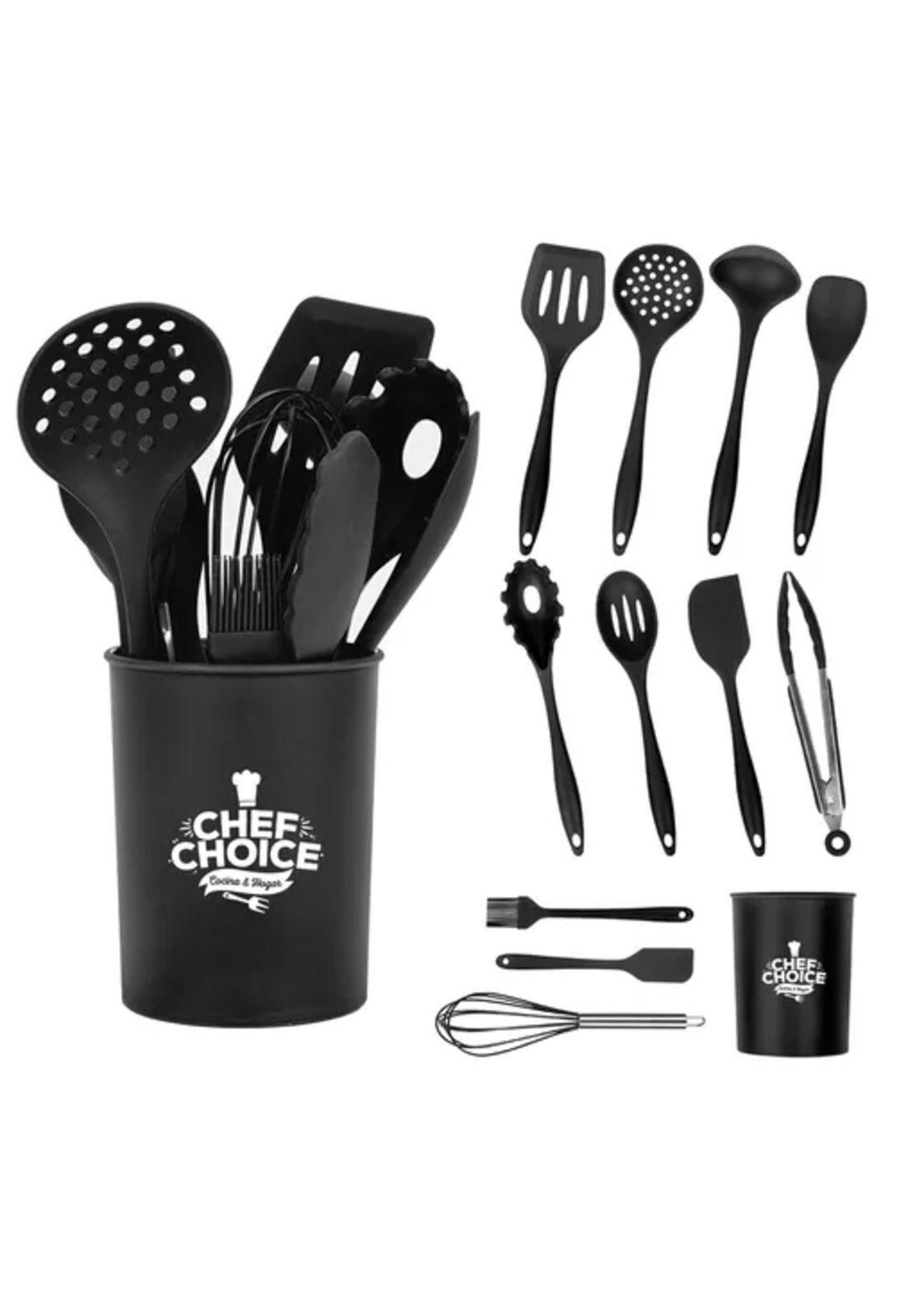 Set de 12 utensilios de cocina de silicona, antiadherentes, color negro-2
