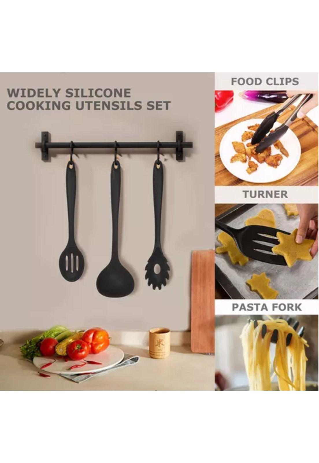 Set de 12 utensilios de cocina de silicona, antiadherentes, color negro-3