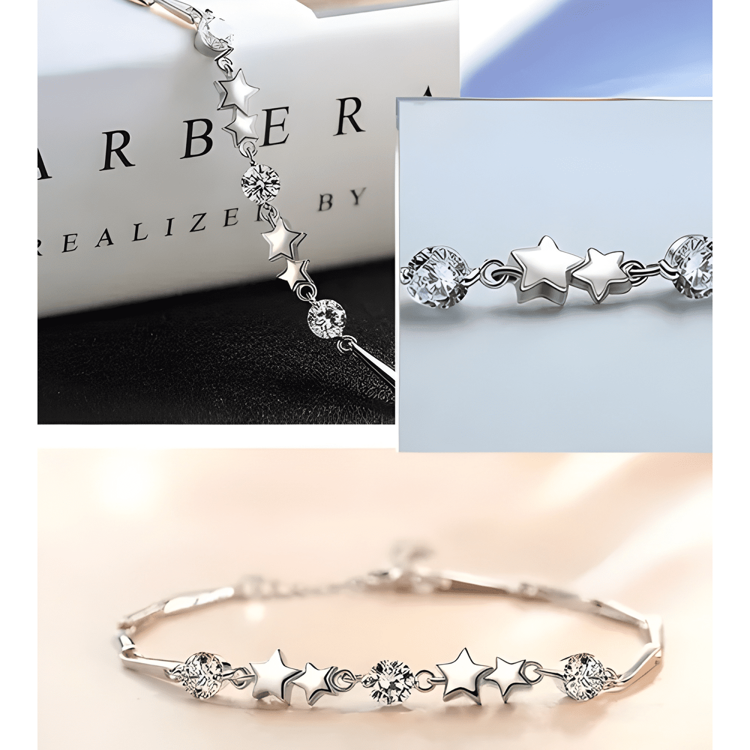 Pulsera plata 925 estrellas ajustable circones en oro Blanco-4