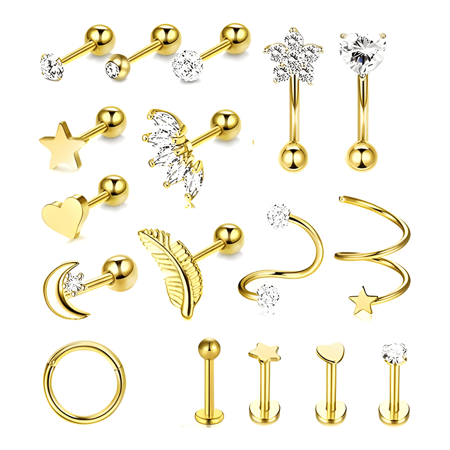 17pcs Piercing Aretes Oreja Cartílago Amor Acero Dorado-0