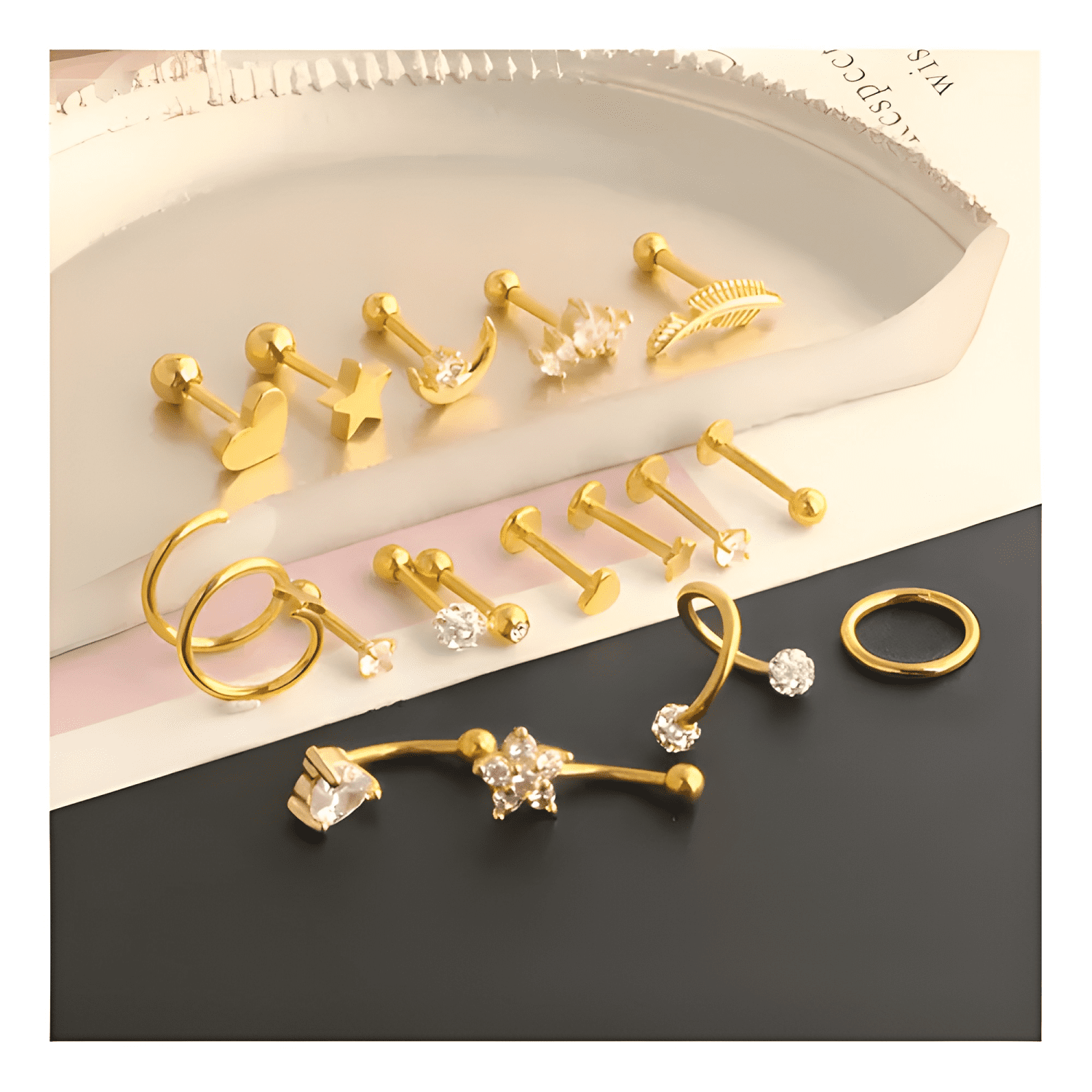 17pcs Piercing Aretes Oreja Cartílago Amor Acero Dorado-1