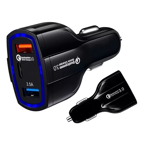 Cargador rápido auto doble USB y tipo C QC30 negro-0