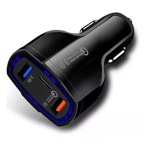 Cargador rápido auto doble USB y tipo C QC30 negro-1