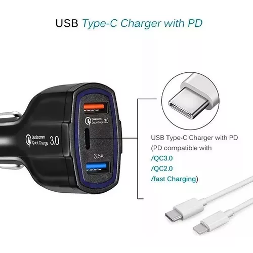 Cargador rápido auto doble USB y tipo C QC30 negro-2