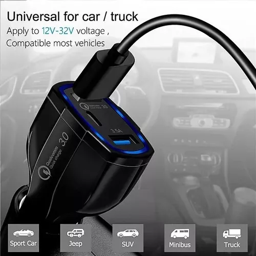 Cargador rápido auto doble USB y tipo C QC30 negro-3