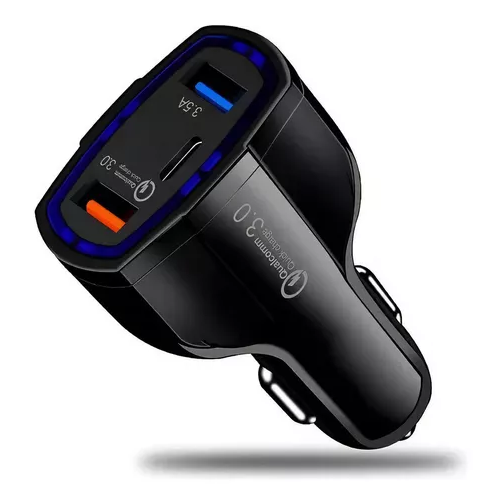 Cargador rápido auto doble USB y tipo C QC30 negro-5