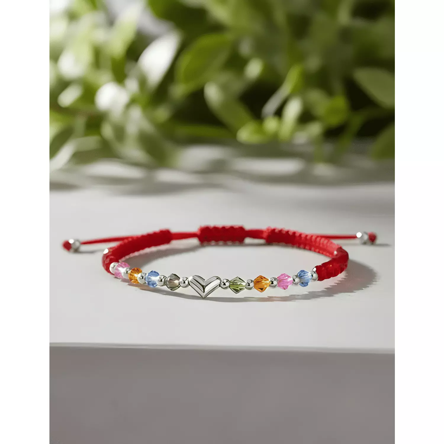 Pulsera hilo corazón esferas plata fina cristales mujer Rojo-2