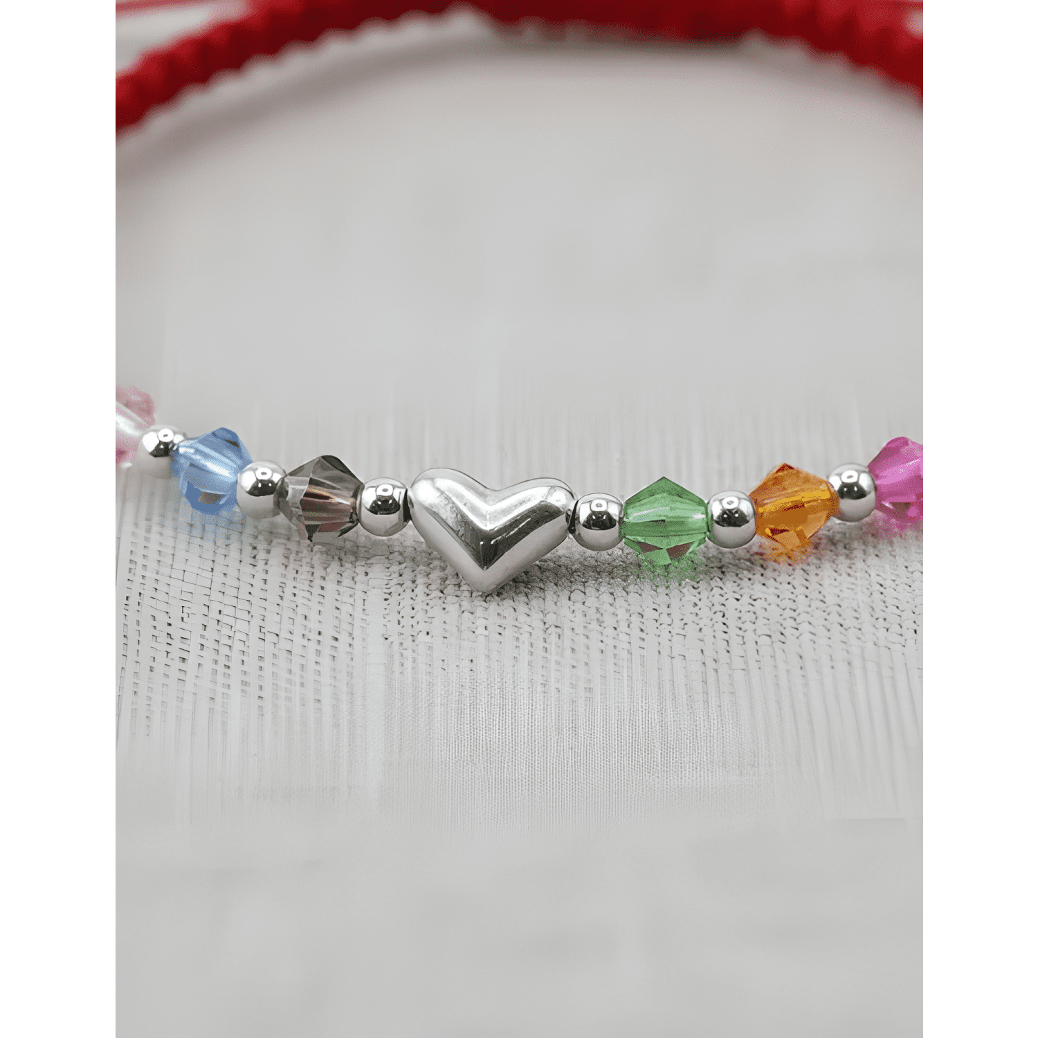 Pulsera hilo corazón esferas plata fina cristales mujer Rojo-3