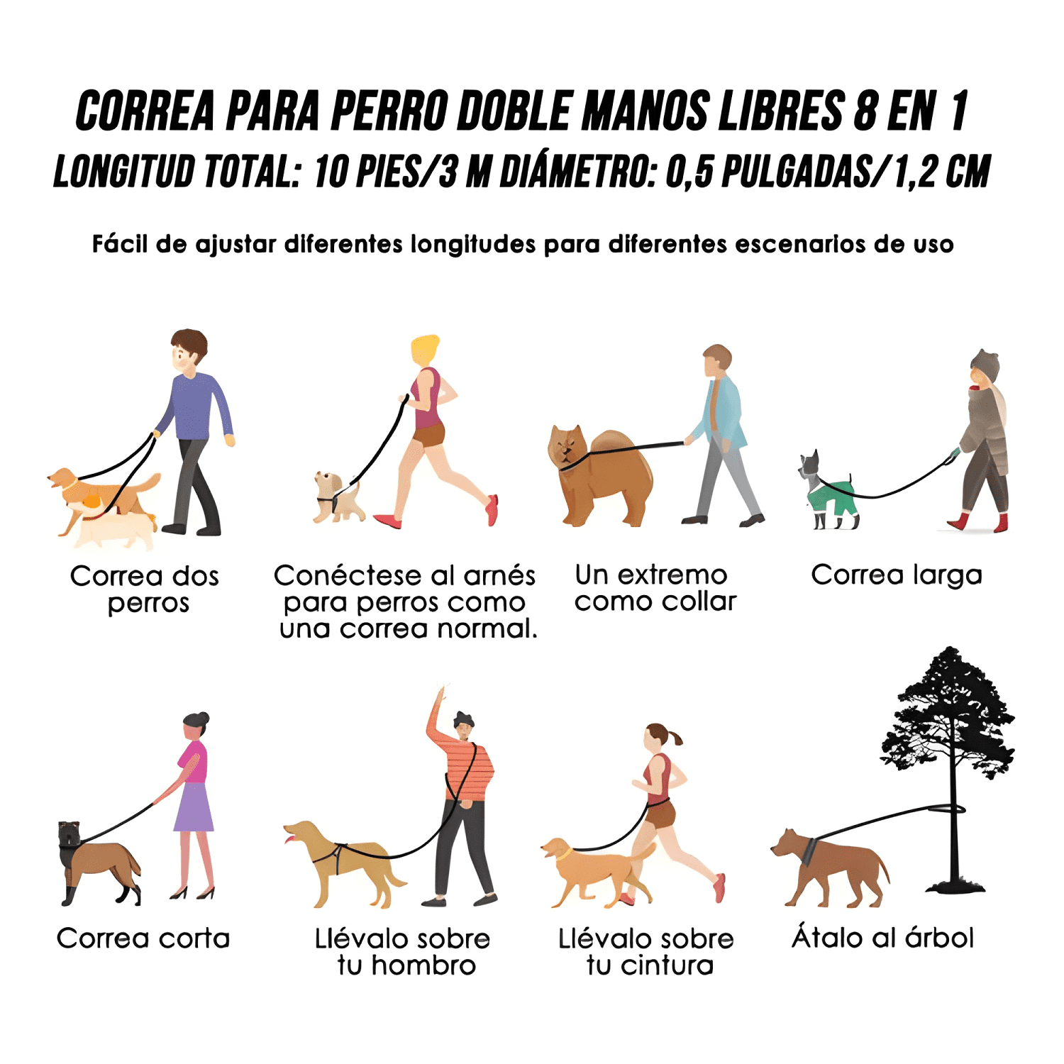 Correa larga 8 en 1 doble extremo 3mts perros mascotas 360°-2