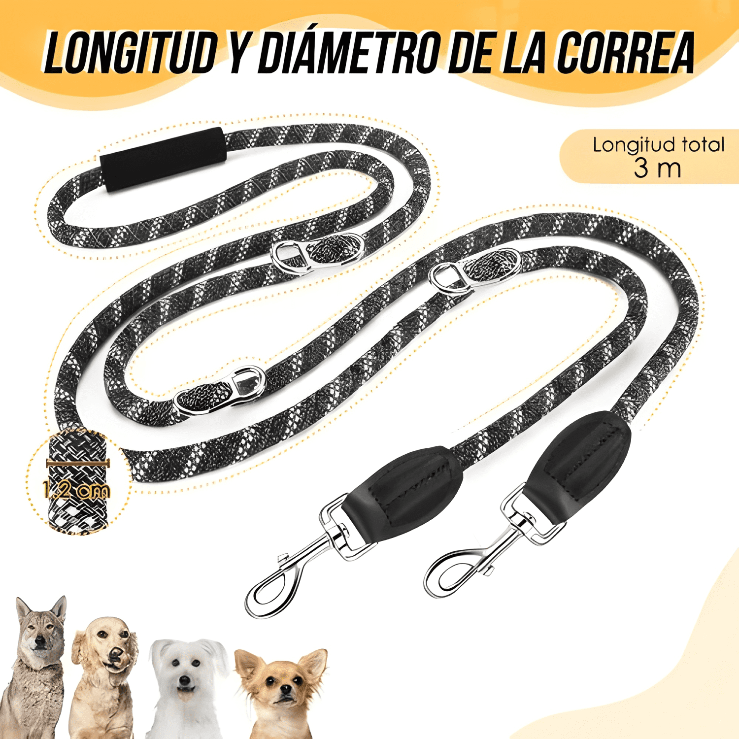 Correa larga 8 en 1 doble extremo 3mts perros mascotas 360°-3