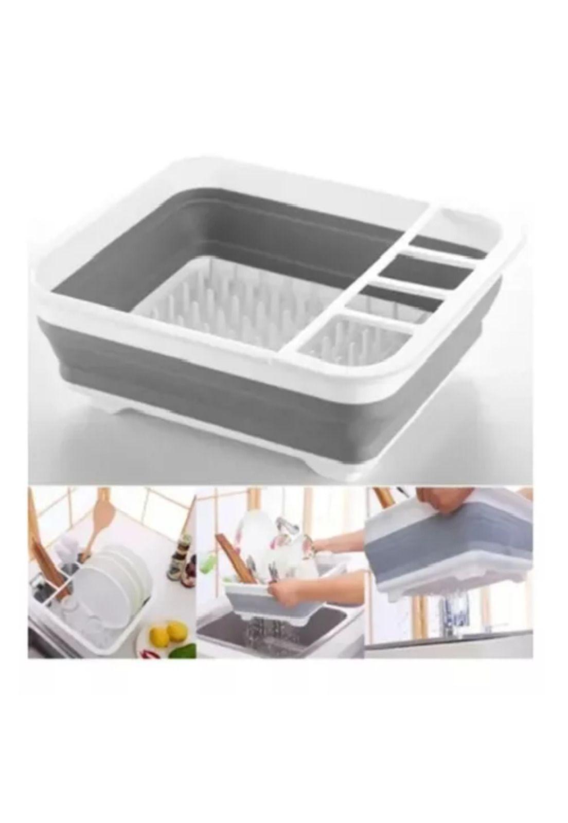 Secador de platos multiusos, porta cubiertos plegable, cocina, color blanco/gris-2